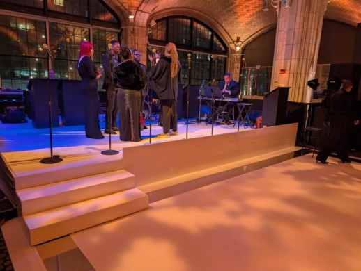 16'x20' Reception Stage with White Carpet, White Acrylic Facade and White Acrylic Stairs
