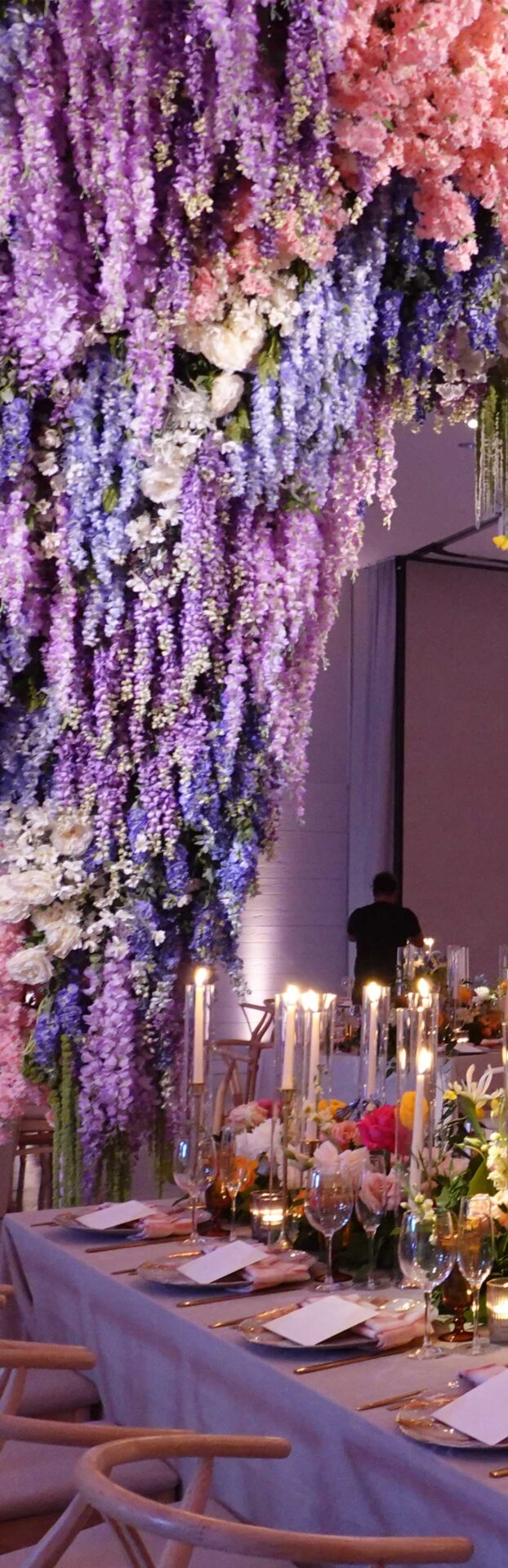 Floral event installation and dining setup
